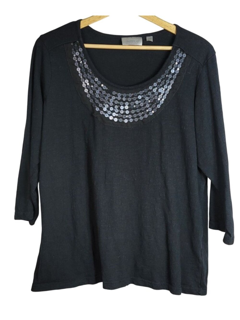 Avenue Womens Sequin Top Black SZ 18 20 Pullover 3/4 Sleeve Scoop Neck Cocktail